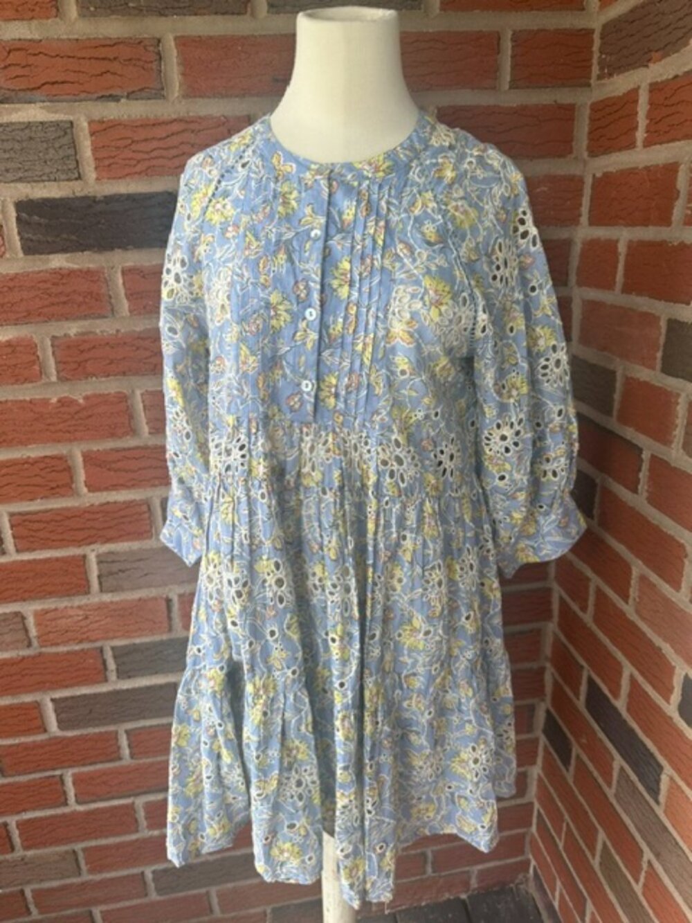 Light Blue Eyelet Tiered Pin Tuck Floral Cotton Dress by DRA Los Angeles